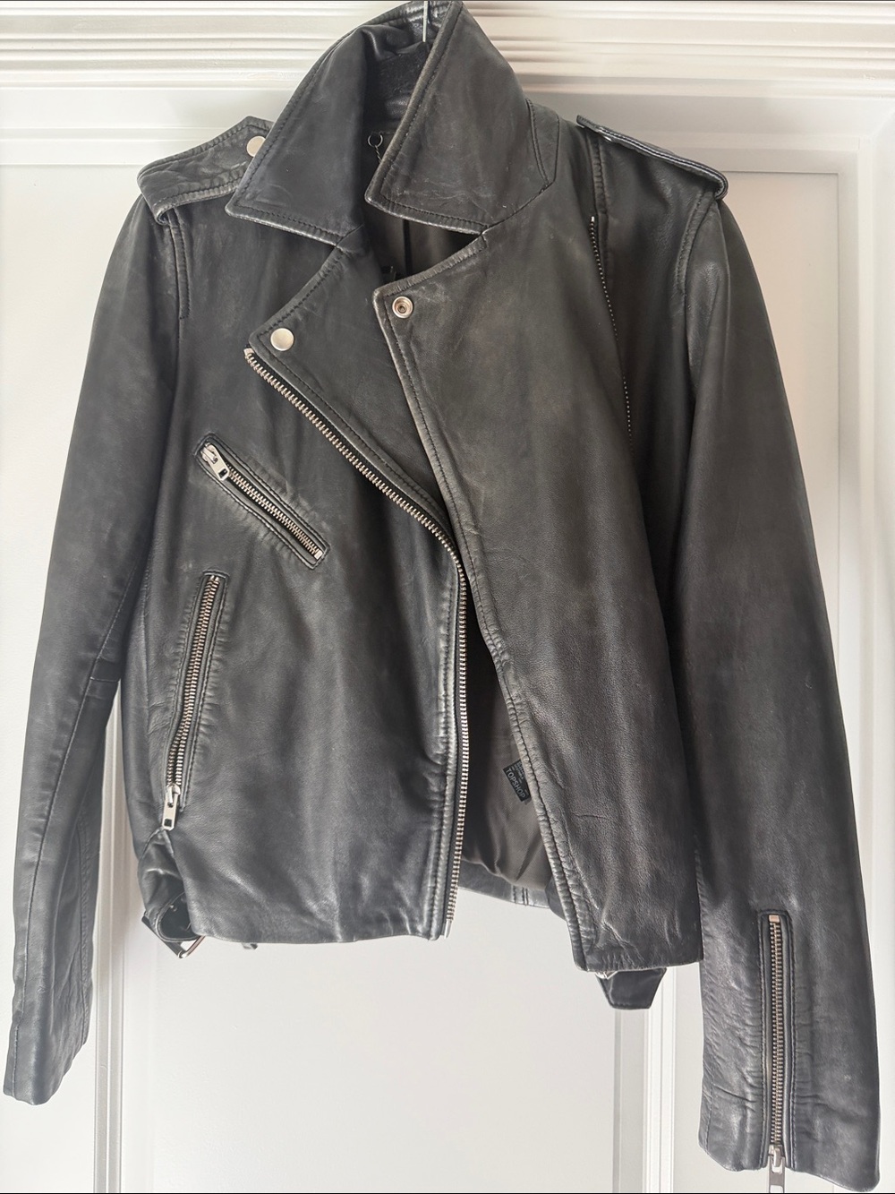 Topshop Black Leather Jacket with Silver Chain Detail